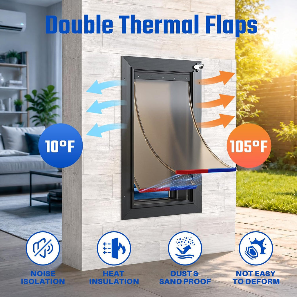 Cat Door for Wall, All Aluminum Doggy Doggie Pet Door Small Dog Door, With Closing Panel, 2 Magnetic Flaps Energy