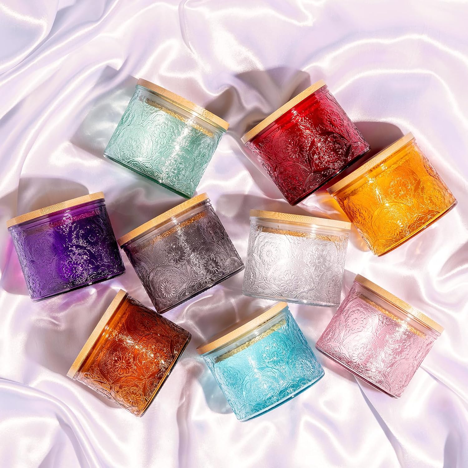 10 oz Multi-color Mandala Glass Candle Jars with Bamboo Lids, 9 Pack | Patented Embossed Design, Includes Wick