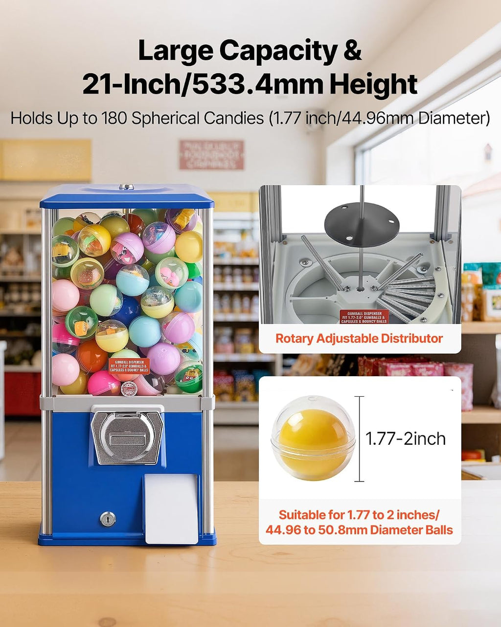 Gumball Machine, 21 inch Candy Vending Machine Dispenser, 25-Cent Vending Machines for Shopping Malls, Supermarkets