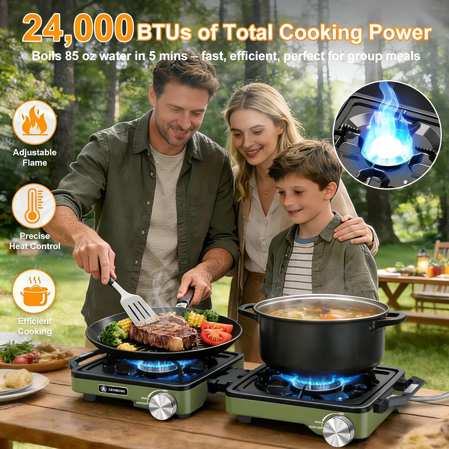 2-Burner Pro Camping Stove,24000 BTU Camp Stove,Foldable Propane Stove Includes Carry Bag,Windscreen Griddle
