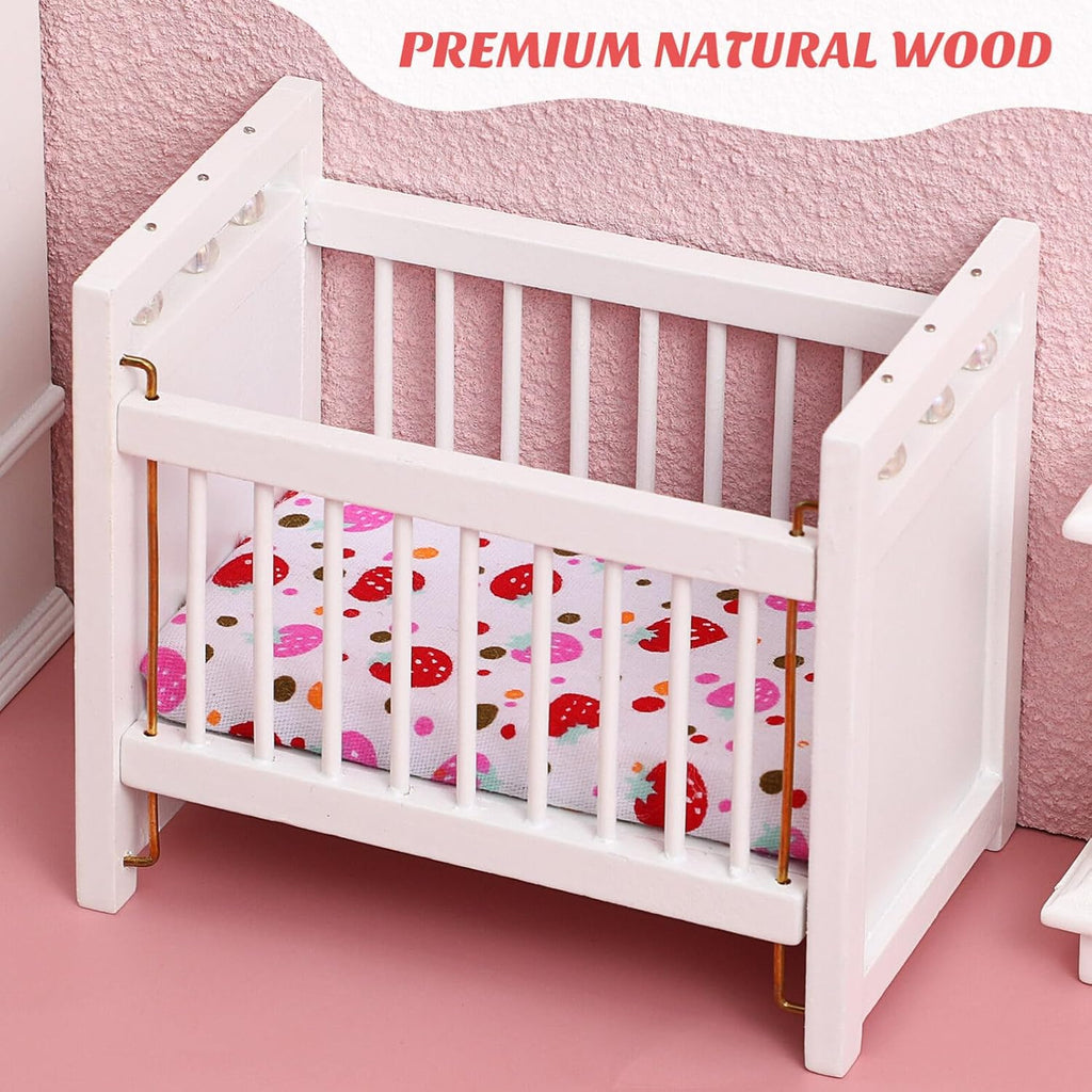 Dollhouse Miniature White Baby Crib, 1:12 Scale Wooden Rocking Cradle Furniture Compatible with Calico Critters Mice