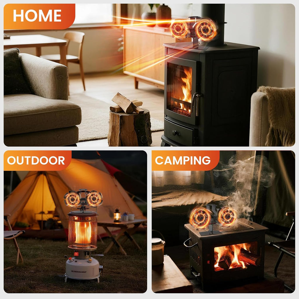 Wood Stove Fan Heat Powered Dual Motor | Non Electric Heat Activated Fan for Wood Burning Stove | Thermoelectric