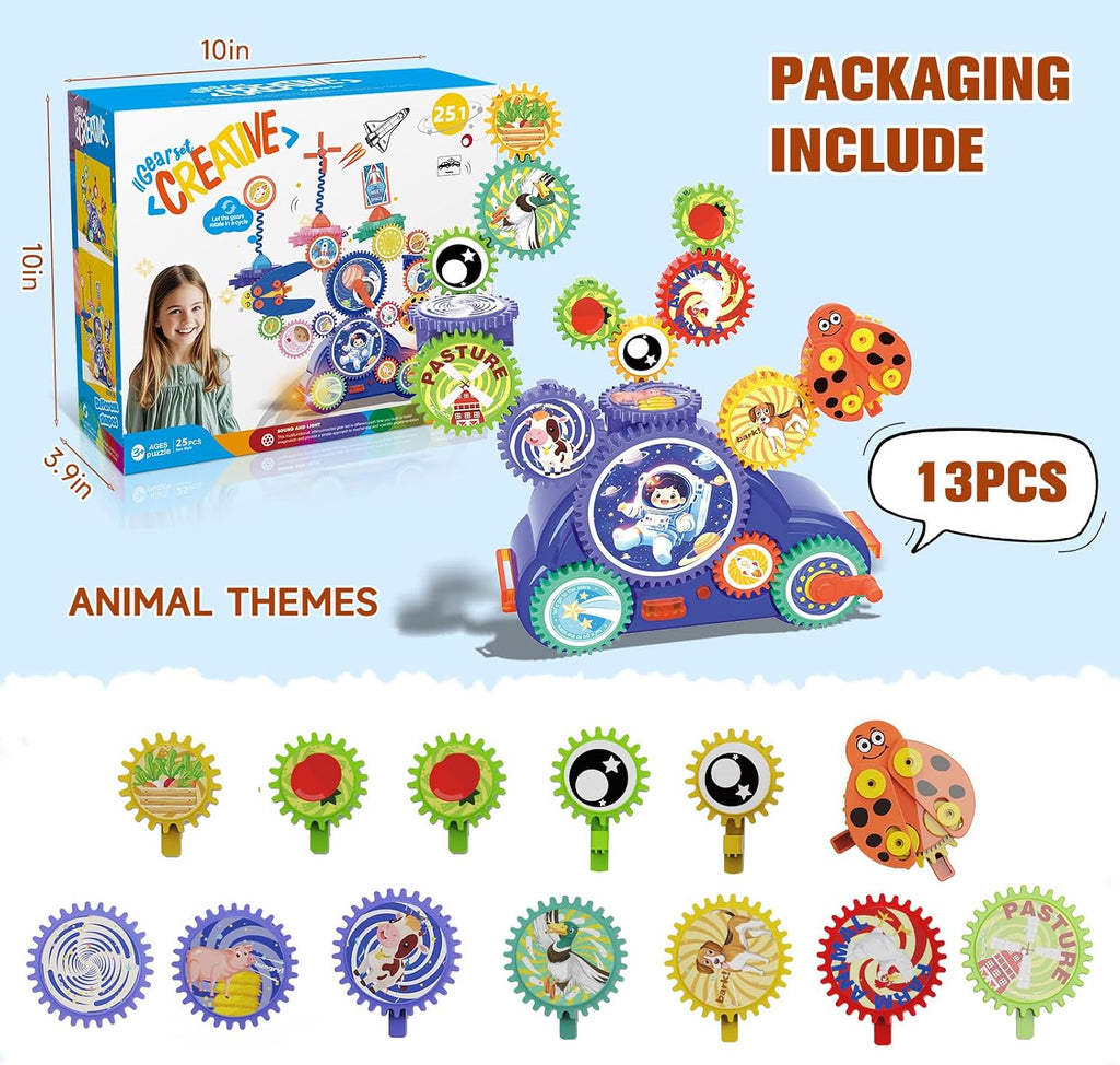 STEM Gear Building Toy for Kids Age 3+,13Pcs Creative Learning Building Blocks Set,2 Modes with Light &