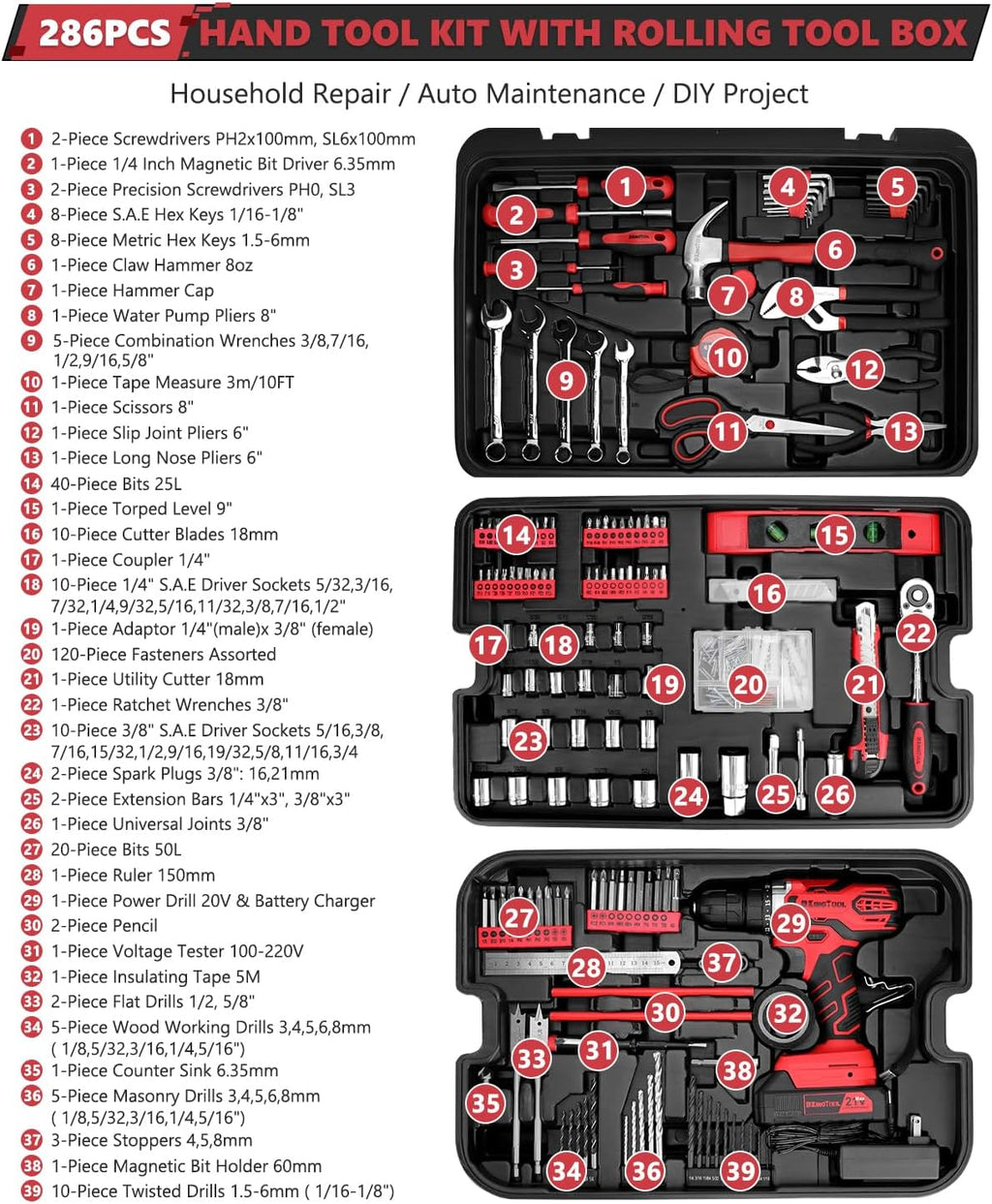 Home Tool Set Kit - 286 PCS Home Auto Repair Tool Kit with Rolling Tool Box, Mechanic Tool Sets with 21V Max Cordless