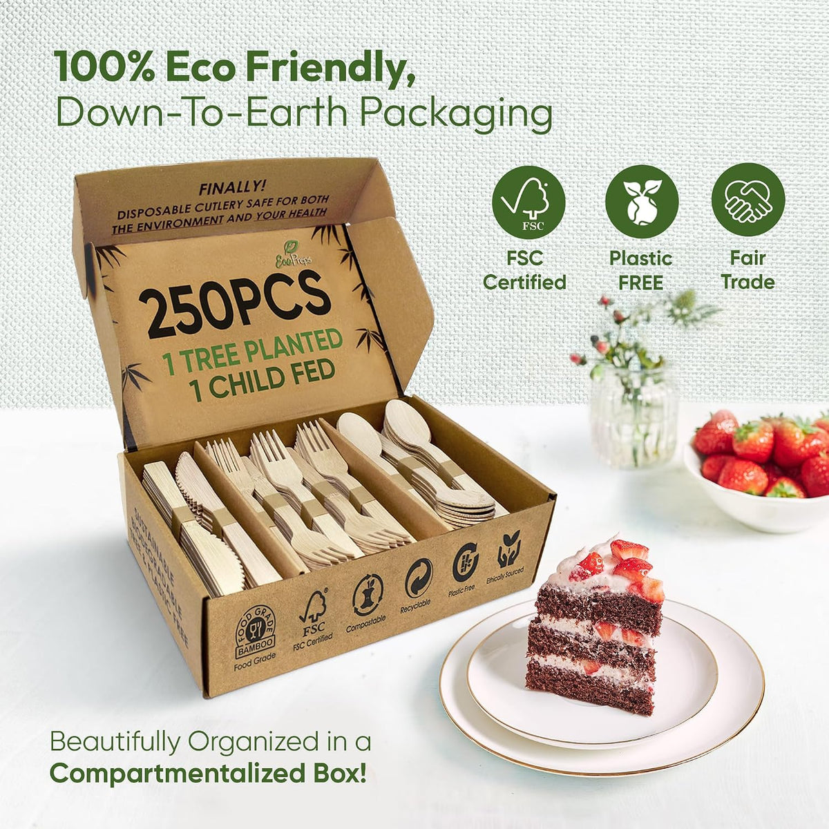 100% Bamboo Cutlery Set, Disposable Compostable Utensils, 250 PCS