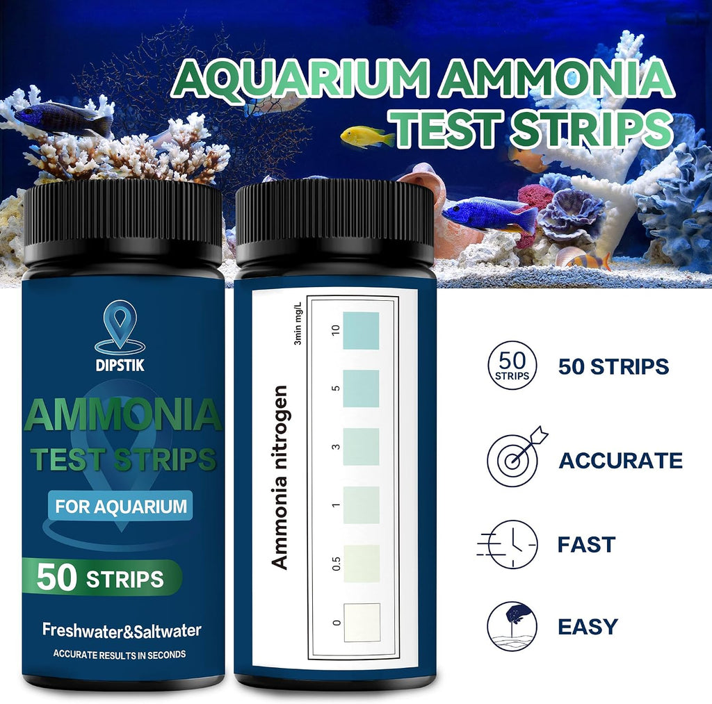 Ammonia Test Strips for Fish Tank,Feshwater & Saltwater (50ct) | Ammonia Aquarium Water Test Kit