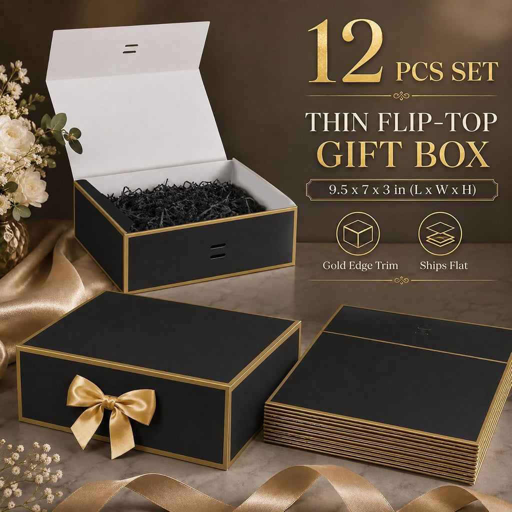 12 Pack Gift Boxes with Lids, Black Boxes for Gifts, 9.5x7x3 in