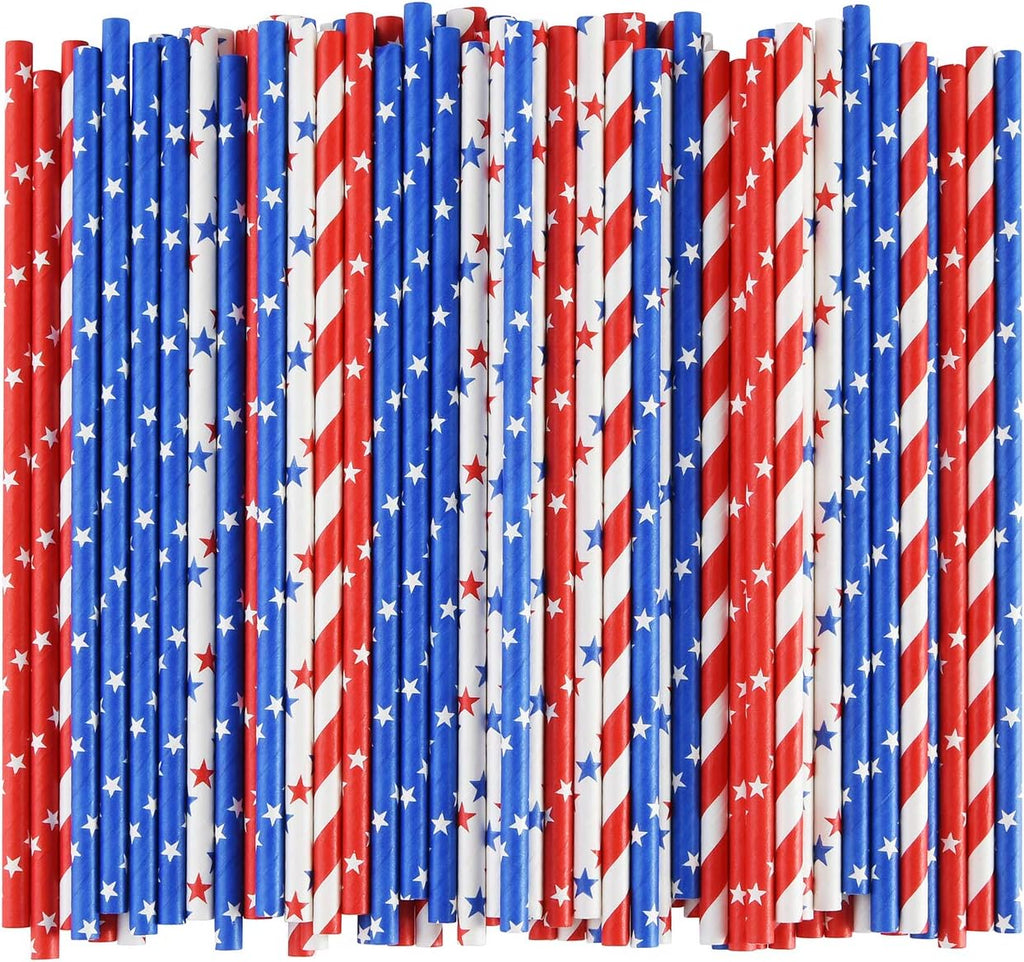 American Flag Red Blue White Paper Straws, 100 Stripe/Star Biodegradable Straws for Memorial Day /4th of July, Super