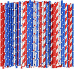 American Flag Red Blue White Paper Straws, 100 Stripe/Star Biodegradable Straws for Memorial Day /4th of July, Super