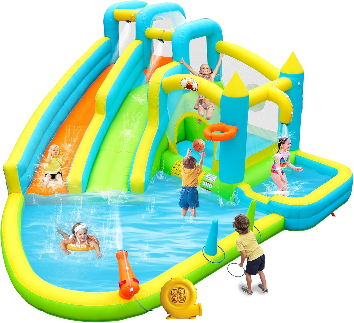 Inflatable Water Double Slides with Blower, Jumping Castle with Deep Pool, Bounce House for 5 Kids Aged 3-10, Water