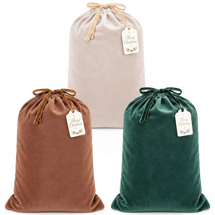 3 Pack Christmas Velvet Drawstring Gift Bags with Tags