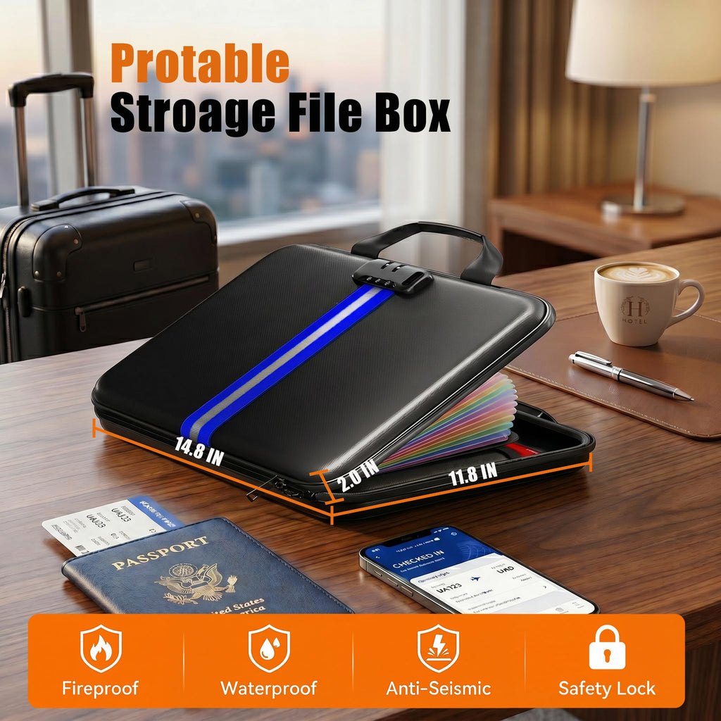 Fireproof Document Organizer with Lock, Semi-Rigid EVA Shell File Box with 13-Pocket Accordion Folder