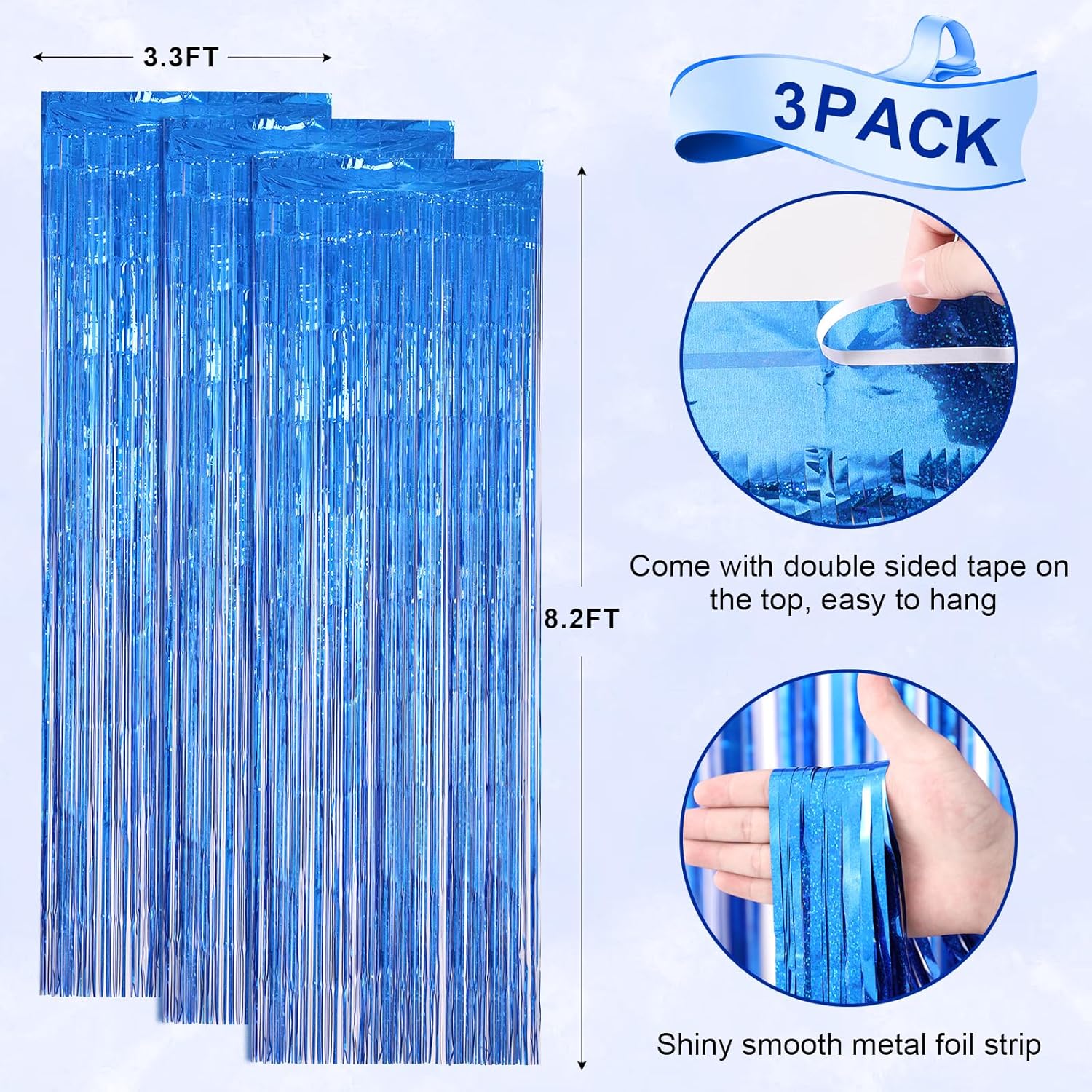 3 Pack 3.3 x 8.2 ft Laser Blue Foil Fringe Backdrop Curtains, Tinsel Streamers Birthday Party Decorations, Fringe