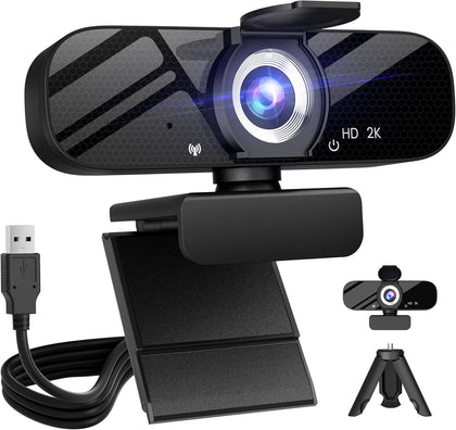Full HD Webcam with Built-in Microphone and Rotatable Tripod, 2K Video and Wide Angle Camera, Privacy Cover