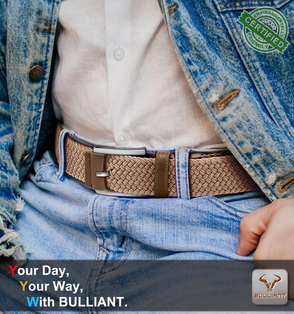 BULLIANT Woven Braided Stretch Web Belt 2Pack for Men 1 3/8"-Gift Boxed