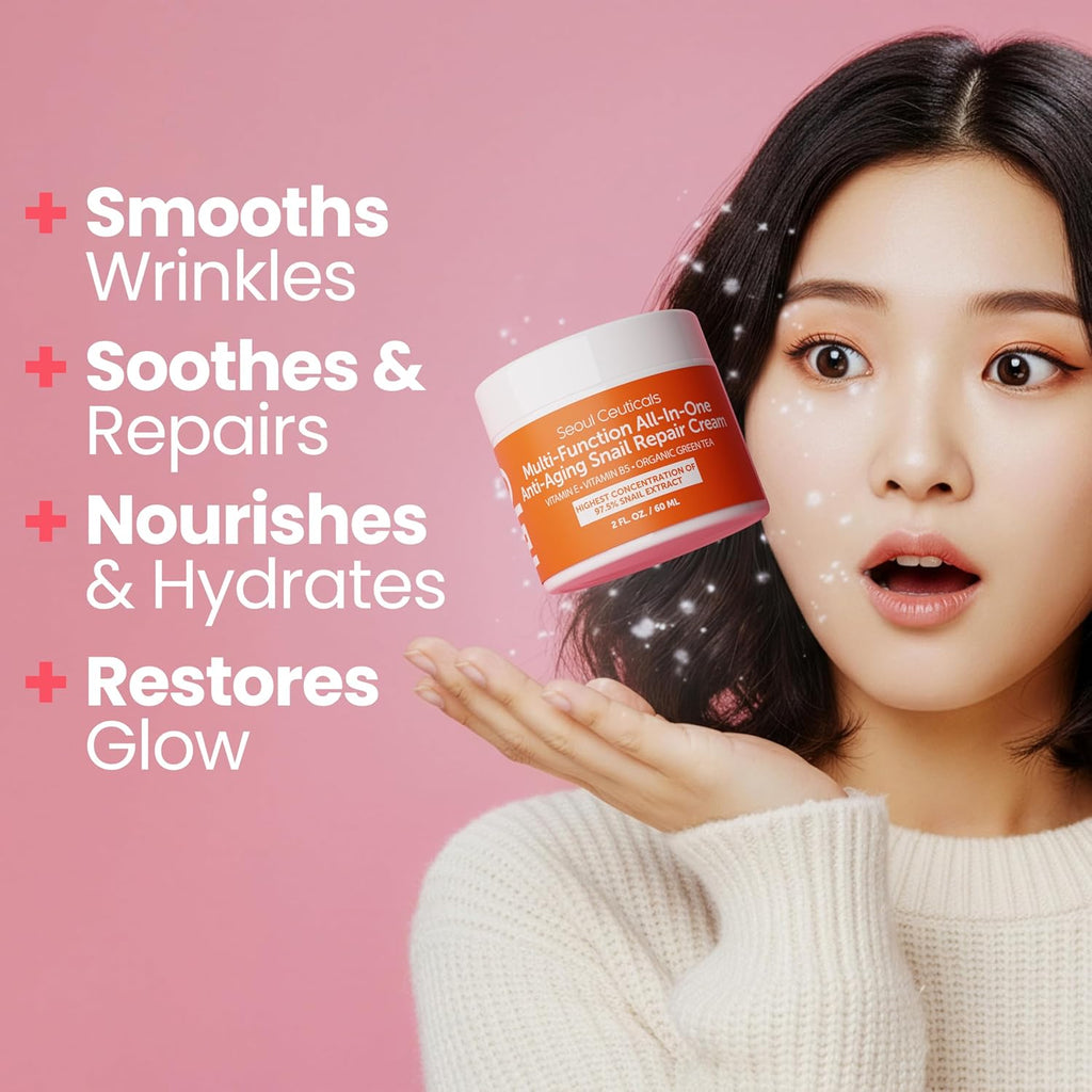 97.5% Snail Mucin Korean Face Moisturizer Day & Night Cream | 2oz Anti Wrinkle Anti Aging Repair, Natural Organic