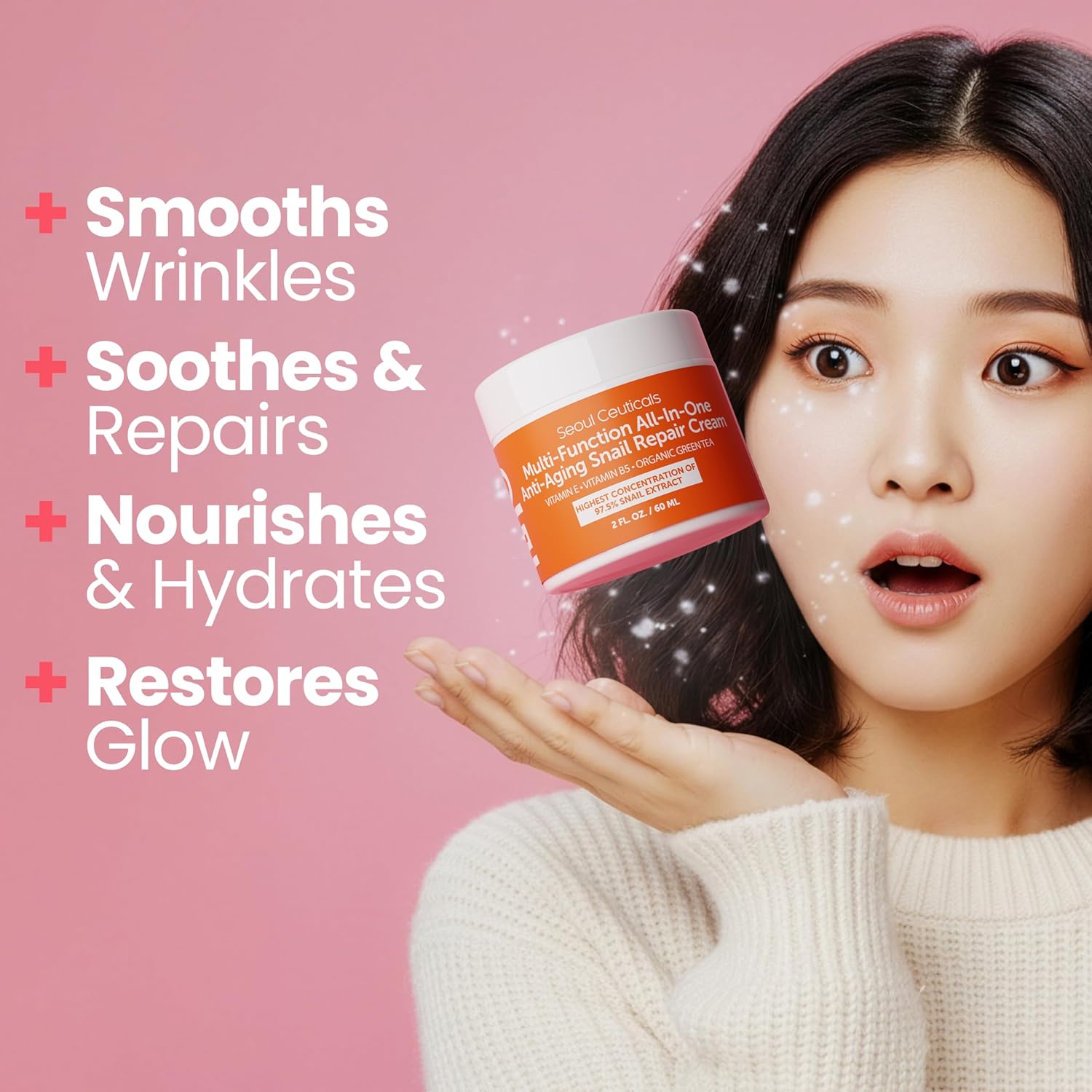 97.5% Snail Mucin Korean Face Moisturizer Day & Night Cream | 2oz Anti Wrinkle Anti Aging Repair, Natural Organic