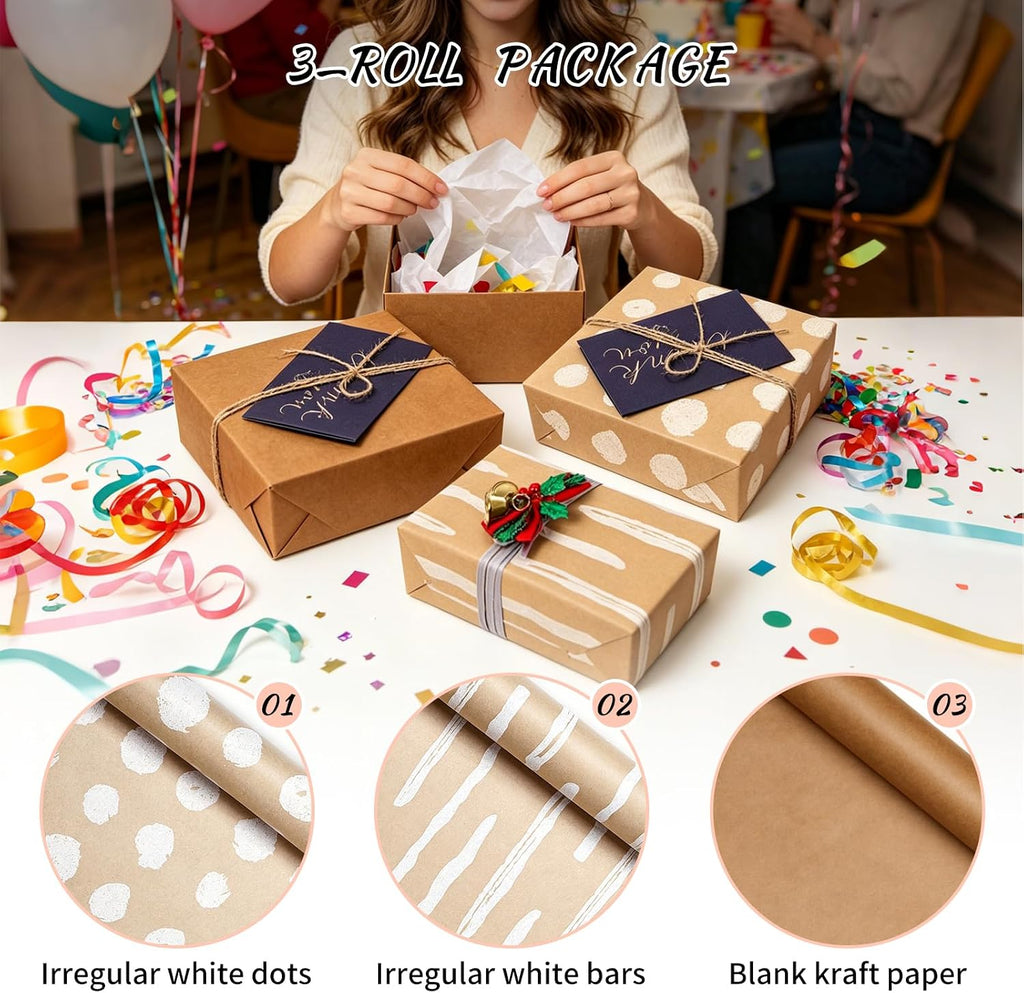Kraft Wrapping Paper Rolls, Plain & Printed Wrap 17in x9.8ft for Gifts