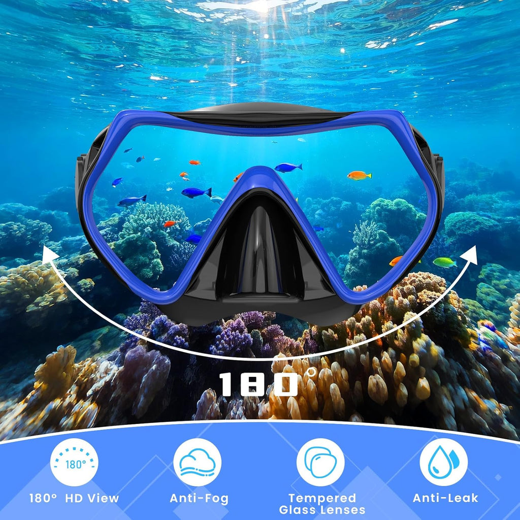 Snorkeling Gear for Adults, Adult Snorkel Mask Set Scuba Diving Dry-Top, Swimming Goggles w/Nose Cover, HD Tempered