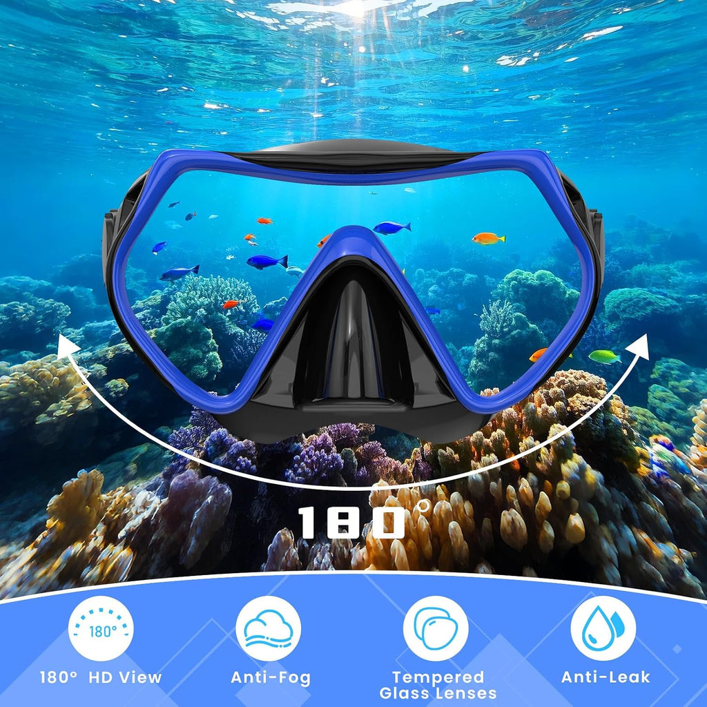 Snorkeling Gear for Adults, Adult Snorkel Mask Set Scuba Diving Dry-Top, Swimming Goggles w/Nose Cover, HD Tempered