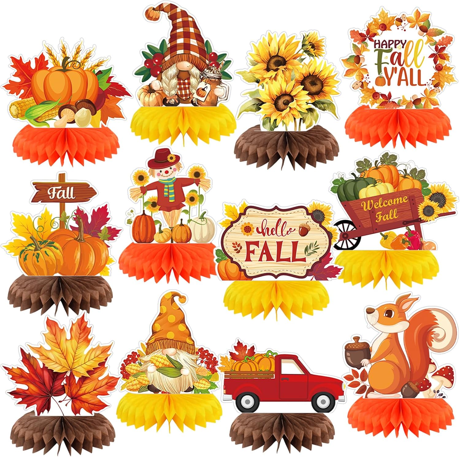 12 Pcs Fall Party Decoration Fall Honeycomb Centerpiece Pumpkin Maple Gnome Truck Sunflower Autumn Table Topper