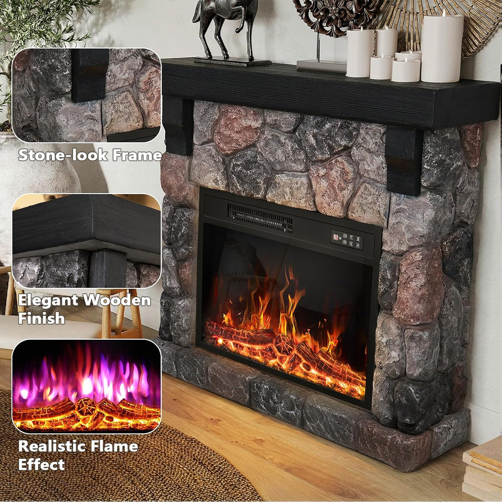 36inch Electric Fireplace with Mantel, Stone Fireplace Heater | Freestanding Electric Fireplace Stove with Remote