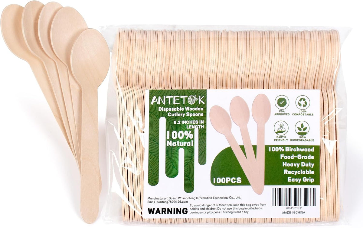 Disposable Wooden Cutlery Spoons - 100 Pack Wooden Spoons Disposable,Biodegradable and Earth Friendly, 6.3 Inch Length