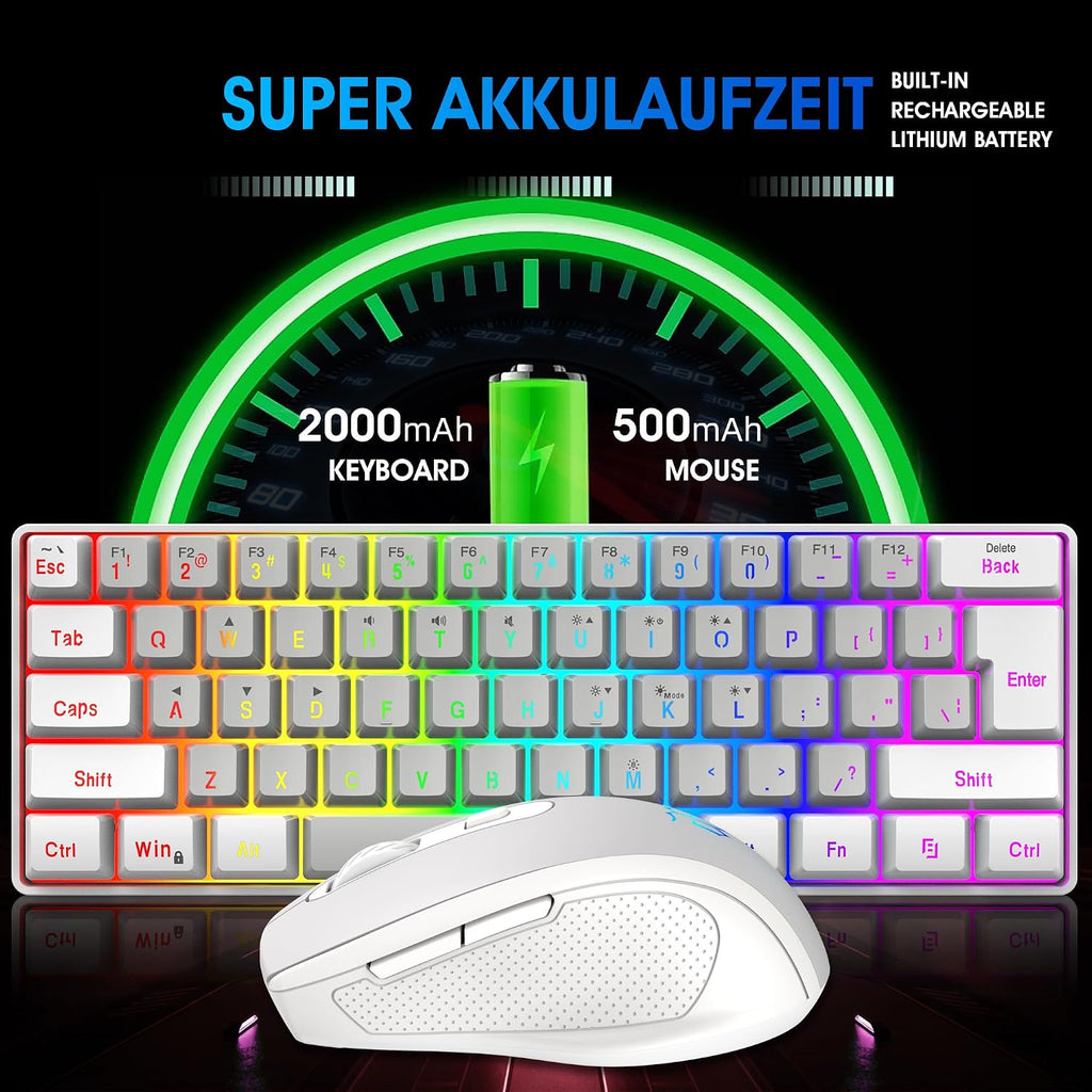 2.4G 60% Wireless Gaming Keyboard and Mouse Combo (White-Grey) | Include Mini Wireless Gaming Keyboard, Ergonomic