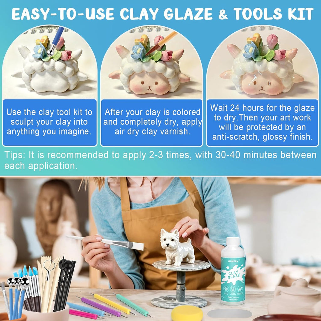 100ML Air Dry Clay Varnish and 29pcs Tool Kit, High Gloss Air Dry Clay Glaze, Sealant, Prevent Clay from Cracking