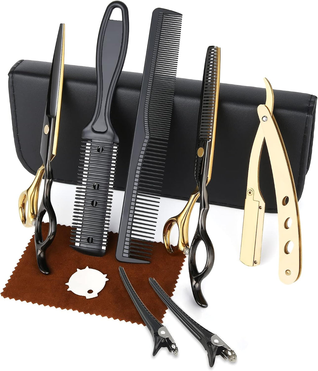 Black Gold Professional Hair Cutting Scissors - Stainless Steel Barber Thinning Shears - Multifunctional Straight and