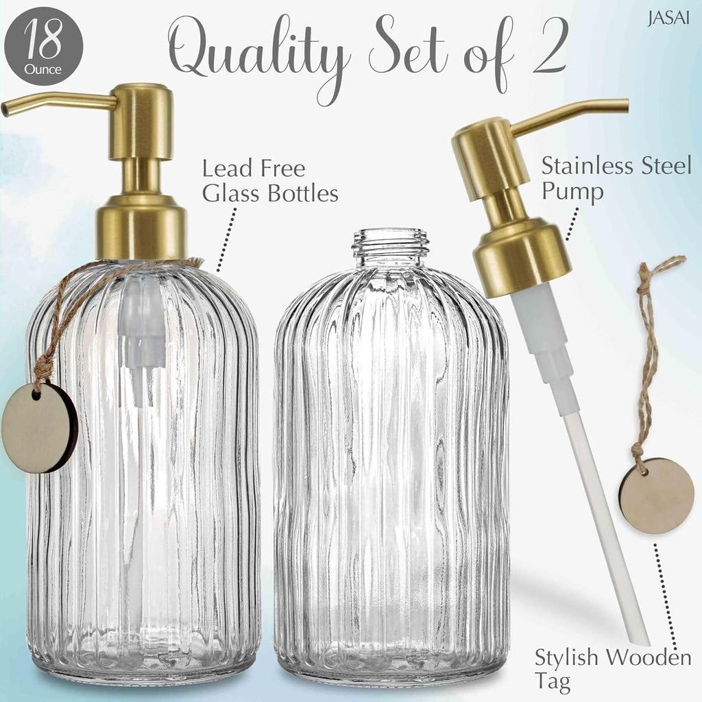 2PACK 18Oz Fluted Glass Soap Dispenser with Golden Rust Proof Pump | Refillable Kitchen Soap Dispenser with Vertical