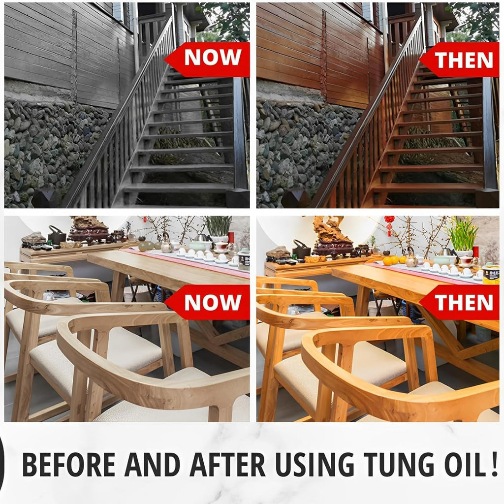 100% Pure Tung Oil 32oz, Wood Finish for Indoor Outdoor with Brush | Waterproof, Penetrates & Protects & Enhances