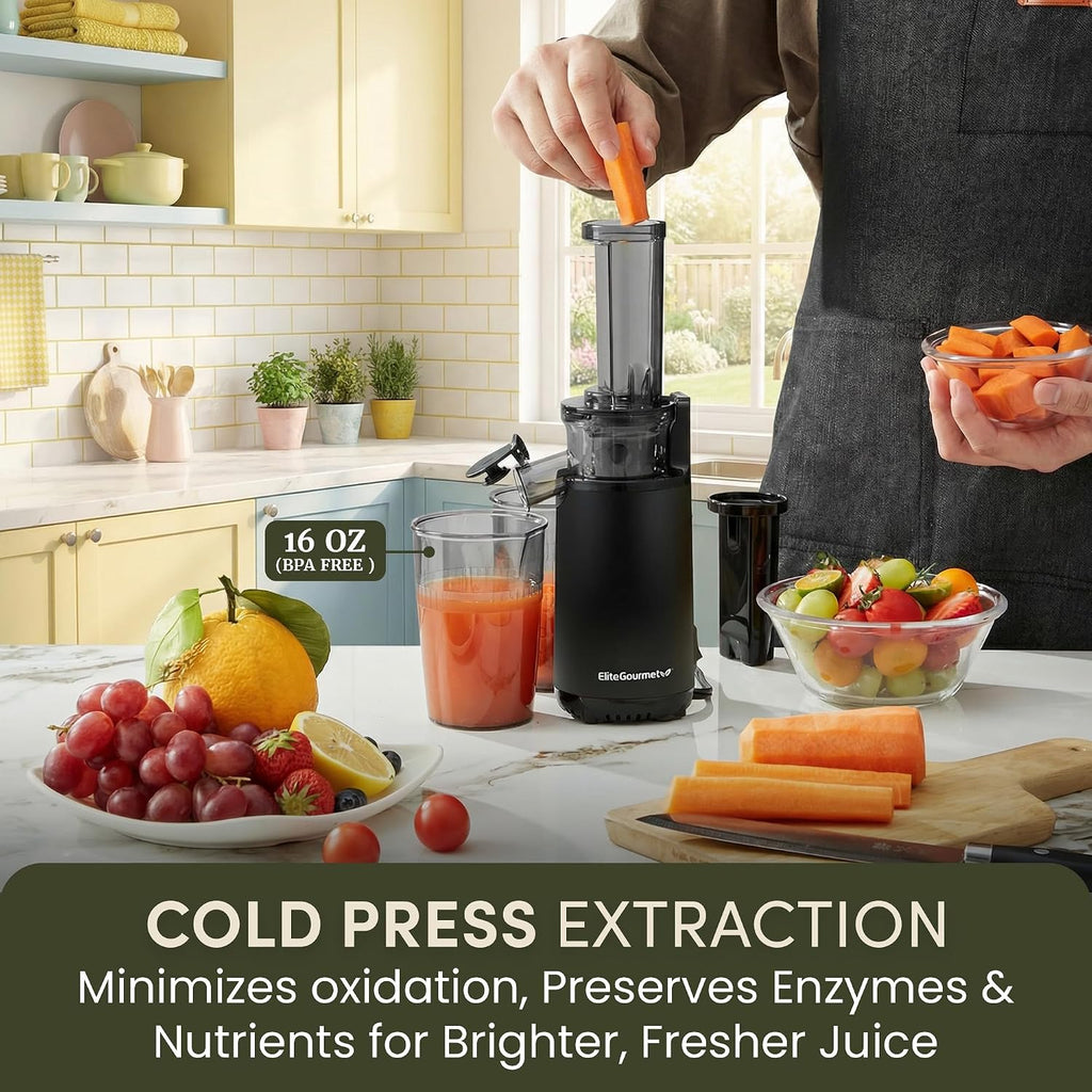 EJX600 BPA-Free Cold Press Juicer, 16 oz, Charcoal Grey | Mini space-saving masticating design retains nutrients &
