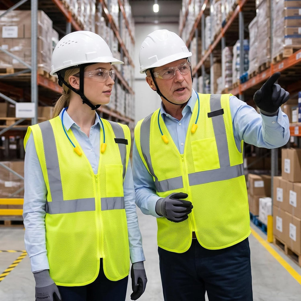 Vented Hard Hat, Safety Vest & Glasses, Work Gloves, Earplugs