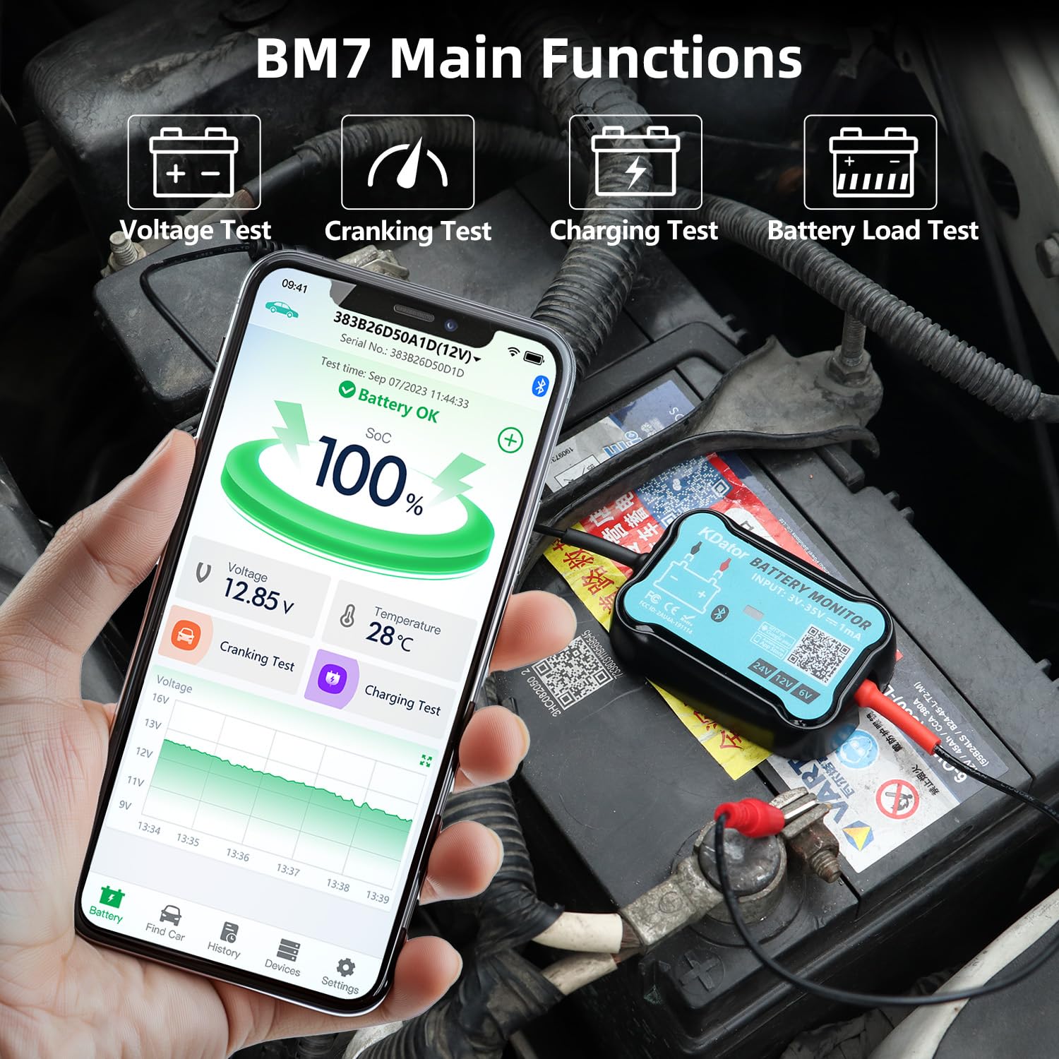 24V 12V 6V Bluetooth Battery Monitor BM7–Work for All Lead-Acid & Lithium Battery with Charging, Cranking System Test