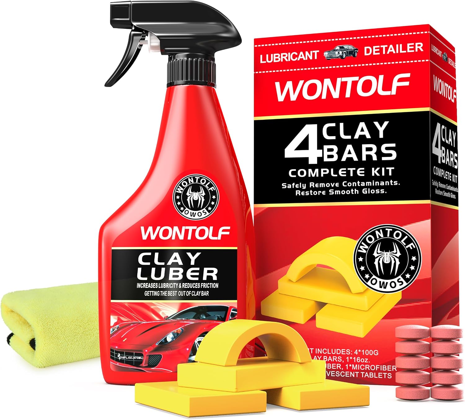 Heavy Duty Car Clay Bars Auto Detailing Clay Luber Synthetic Lubricant Kit, 4 Clay Bars, Clay Bar Lubricant Tablets
