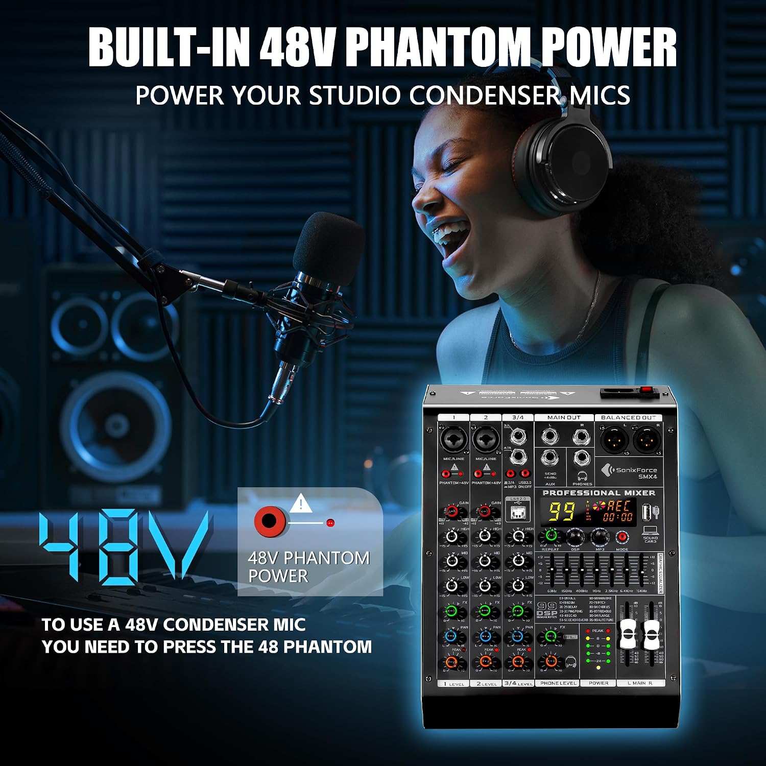 4 Channel Audio Mixer, 99 DSP Effects Sound Board Console | 4 Channel DJ Mixer for Recording & Streaming, USB Drive