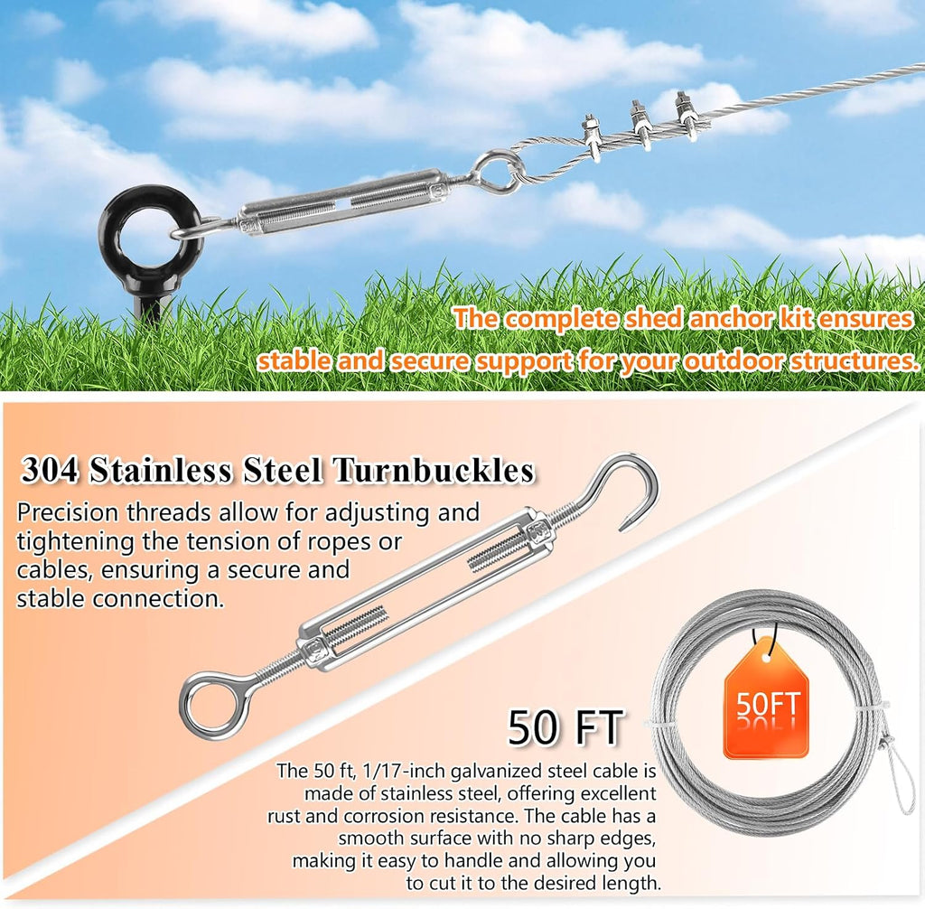 4 Pack 18" Ground Anchors Shed Anchor Kit with 50ft Galvanized Cable & 4 Pack Turnbuckles, Heavy Duty Ground Anchor