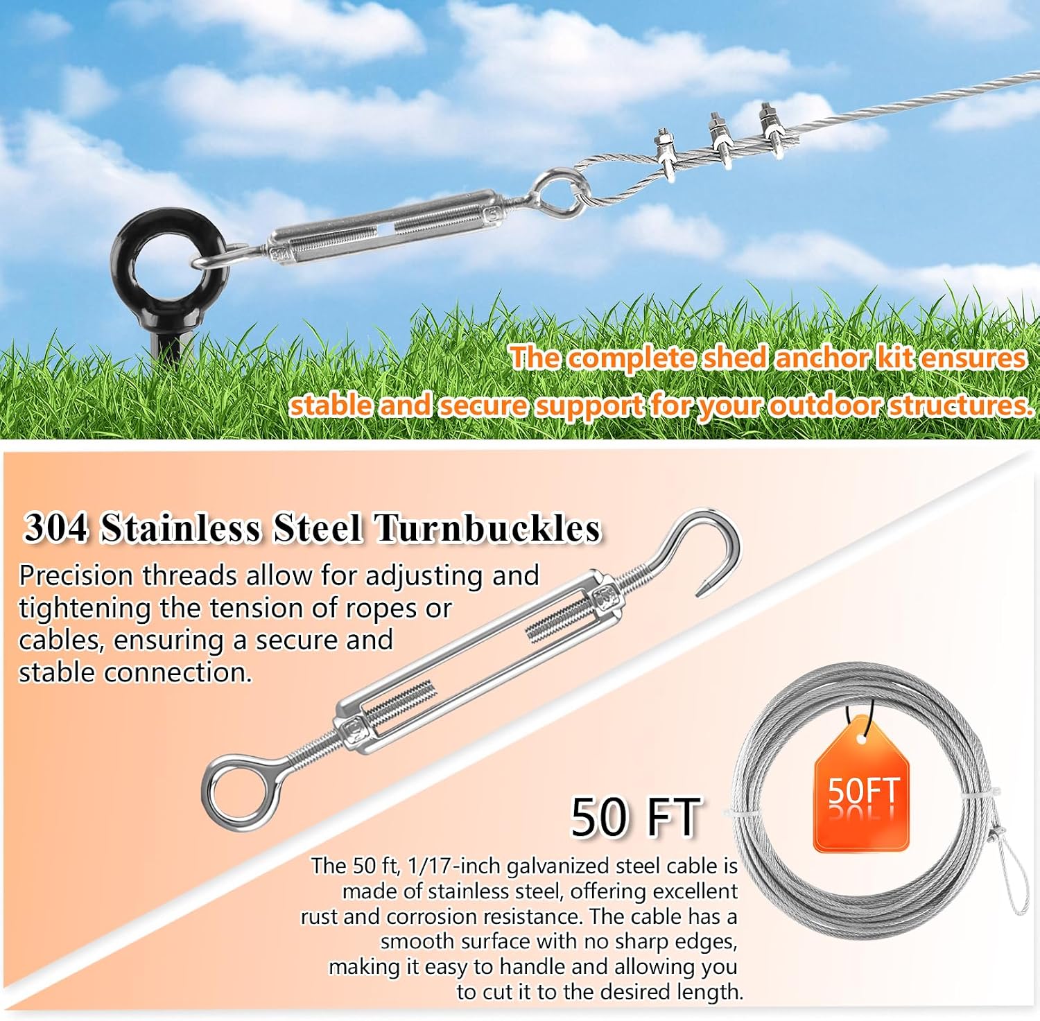 4 Pack 18" Ground Anchors Shed Anchor Kit with 50ft Galvanized Cable & 4 Pack Turnbuckles, Heavy Duty Ground Anchor