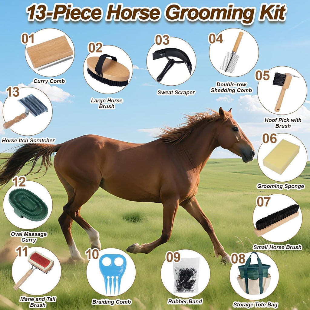 13-Piece Horse Grooming kit for Daily Care,Complete Horse Supplies Set with Wood Brushes, Tack Essentials, Curry