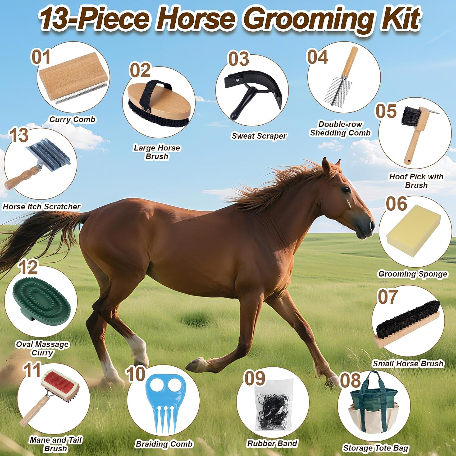 13-Piece Horse Grooming kit for Daily Care,Complete Horse Supplies Set with Wood Brushes, Tack Essentials, Curry