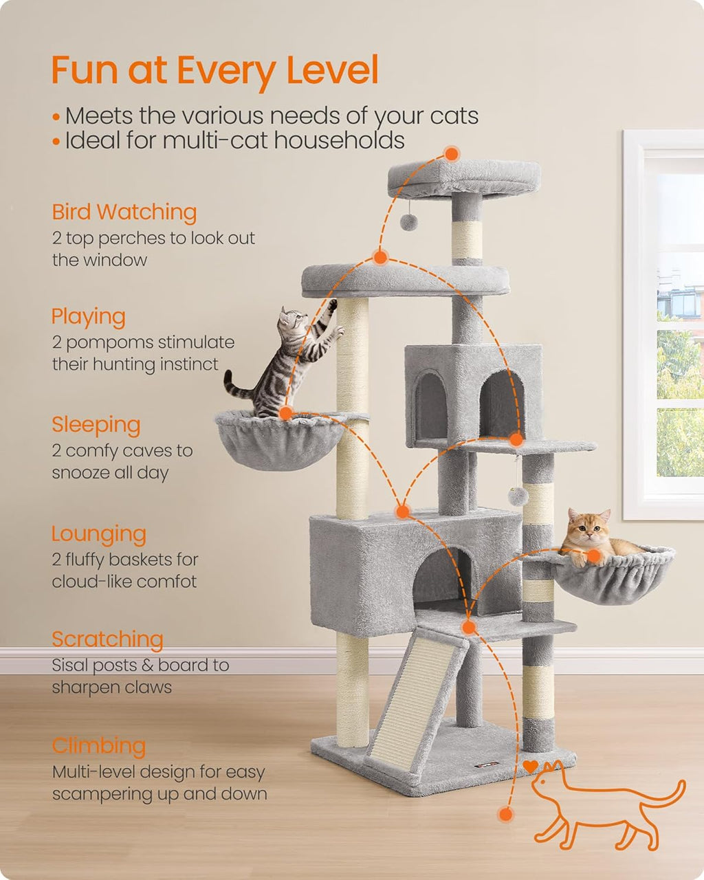 Cat Tree, 68.5-Inch Tall Cat Tower, Multi-Level Plush Condo with Large Perch, Scratching Posts, Double Caves, Dove