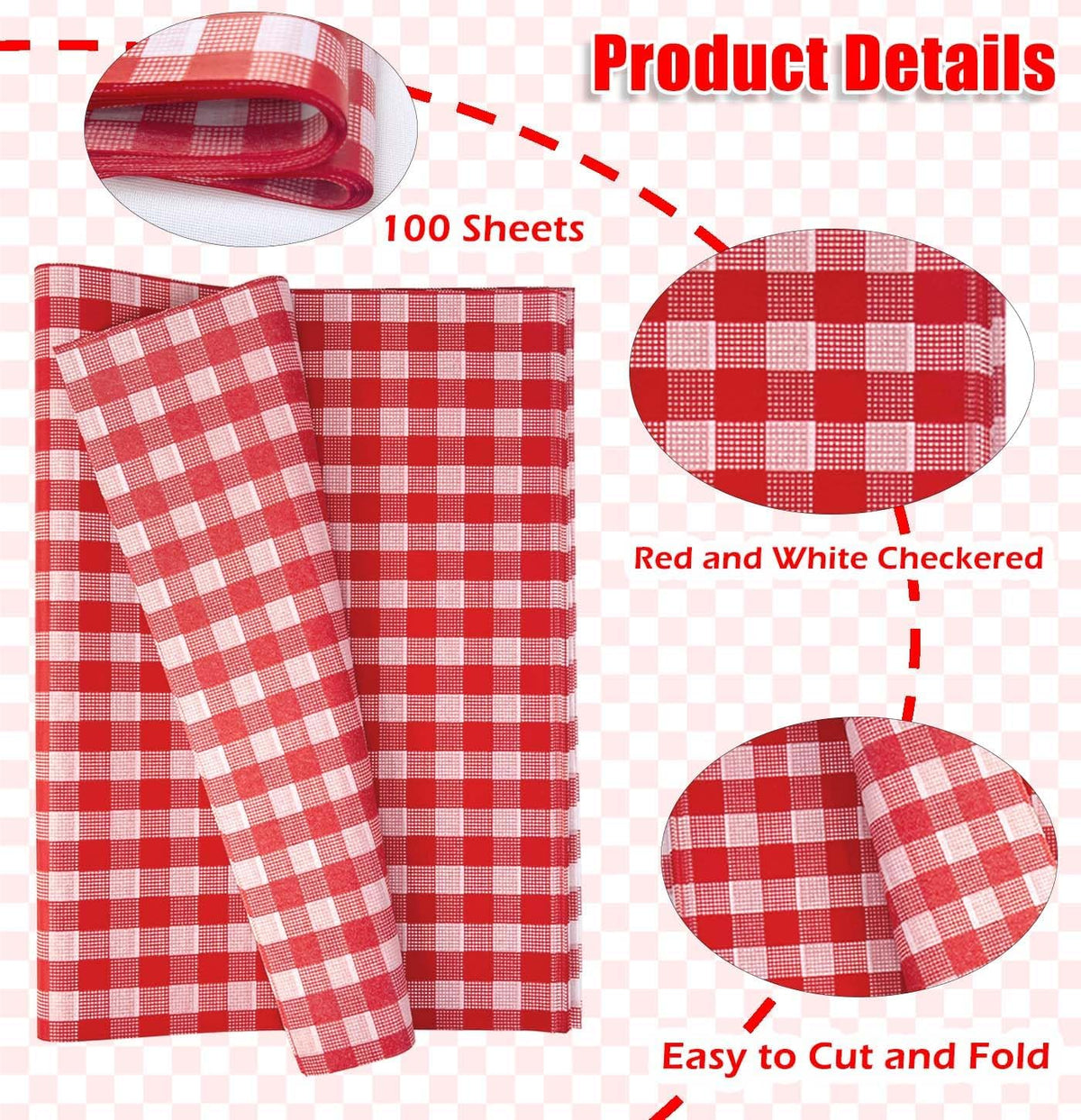 100 Sheets Gingham Tissue Paper 14 x 20 Inches Red and White Checkered Tissue Paper for Gift Bags Bulk Wrapping