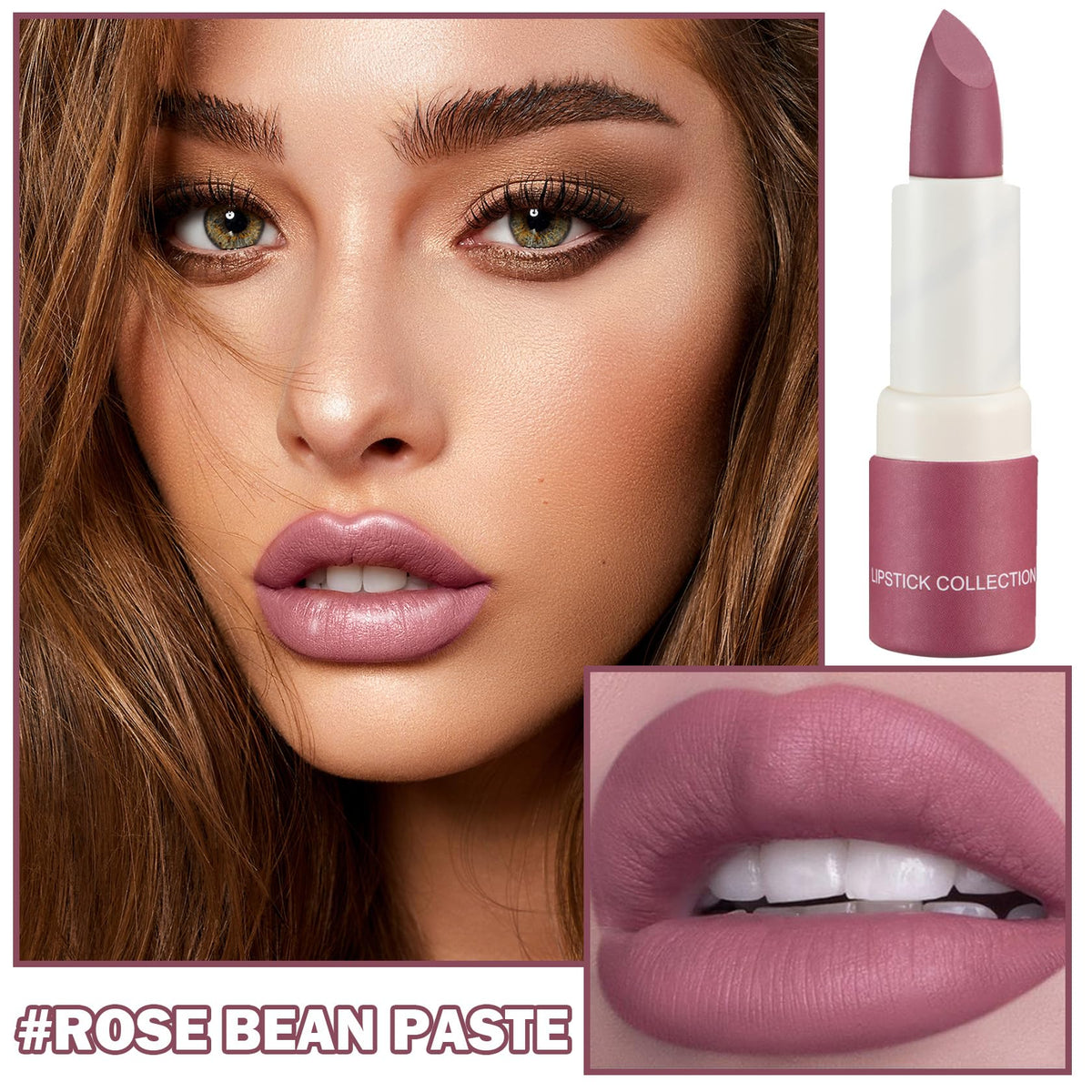 Matte Nude Lipstick, Waterproof Long Lasting for Women, 06 Rose Bean Paste