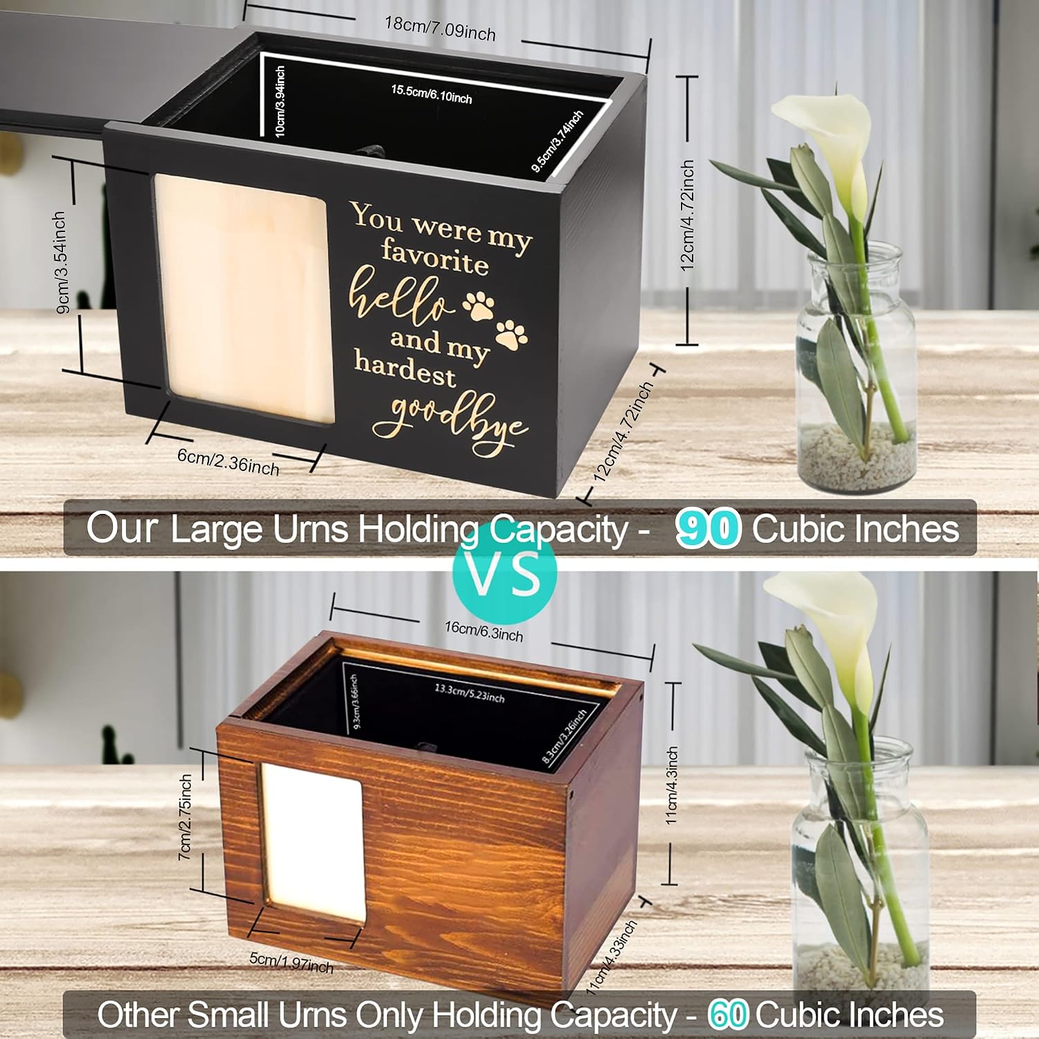 Pet Memorial Urns for Dog or Cat Ashes, Large Wooden Funeral Cremation Urns with Photo Frame, Keepsake Memory Box