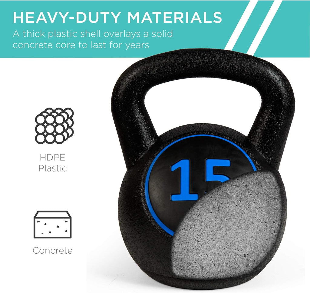 3-Piece Kettlebell Set with Storage Rack, HDPE Coated Exercise Fitness Concrete Weights for Home Gym, Strength