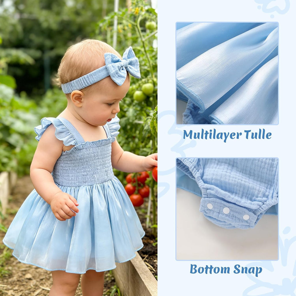 Baby Girl Tulle Romper Dress Infant Sleeveless Ruffle Bodysuit Tutu Skirt Toddler Summer Clothes with Headband
