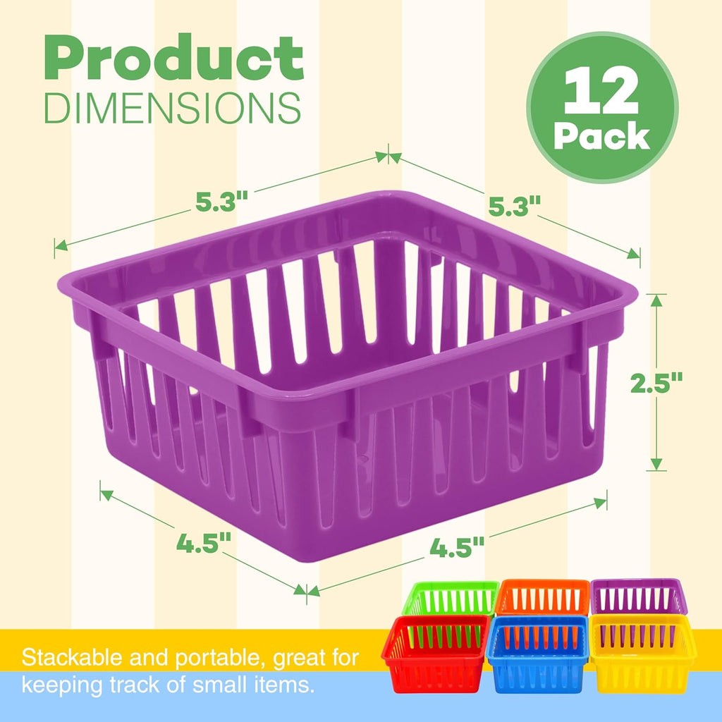 12 Pack Small Classroom Storage Baskets, Square 4.5" Sturdy Plastic Colorful Crayon & Pencil Container, Organizer