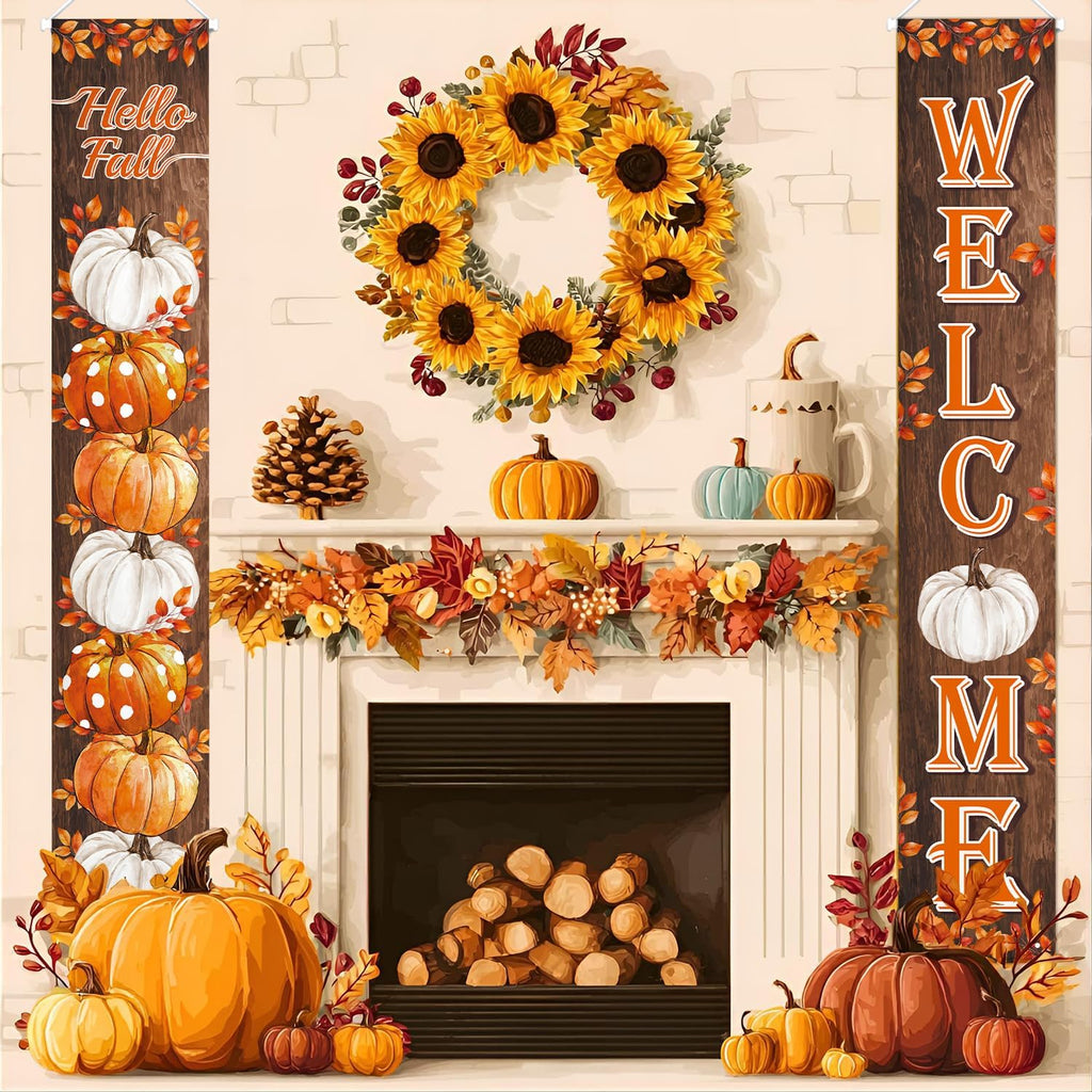 Fall Pumpkin Porch Banner Autumn Thanksgiving Door Decorations | Welcome & Hello Fall Sign Door Decorations Wooden