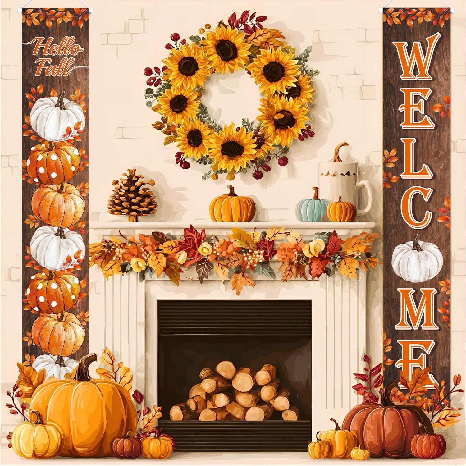 Fall Pumpkin Porch Banner Autumn Thanksgiving Door Decorations | Welcome & Hello Fall Sign Door Decorations Wooden